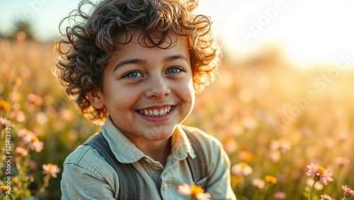 Portrait of a little boy with a radiant smile on his face, curly hair catching the soft spring sunlight, wearing a pastel-colored shirt with suspenders
