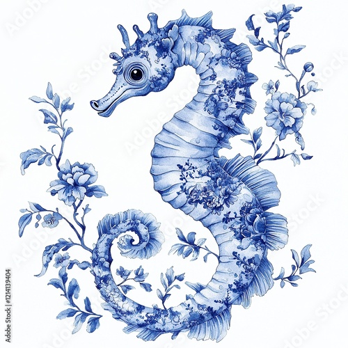 Intricate Blue Floral Seahorse Artwork in the Toile De Jouy style