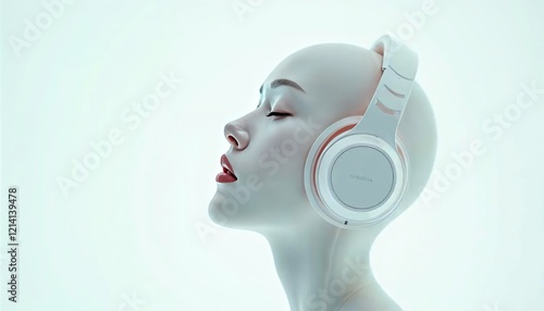 Wallpaper Mural Serene Soundscape: A woman with closed eyes, wearing large over-ear headphones, appears lost in the tranquility of her music.  The image is minimalist and conveys a sense of calm and peace. Torontodigital.ca