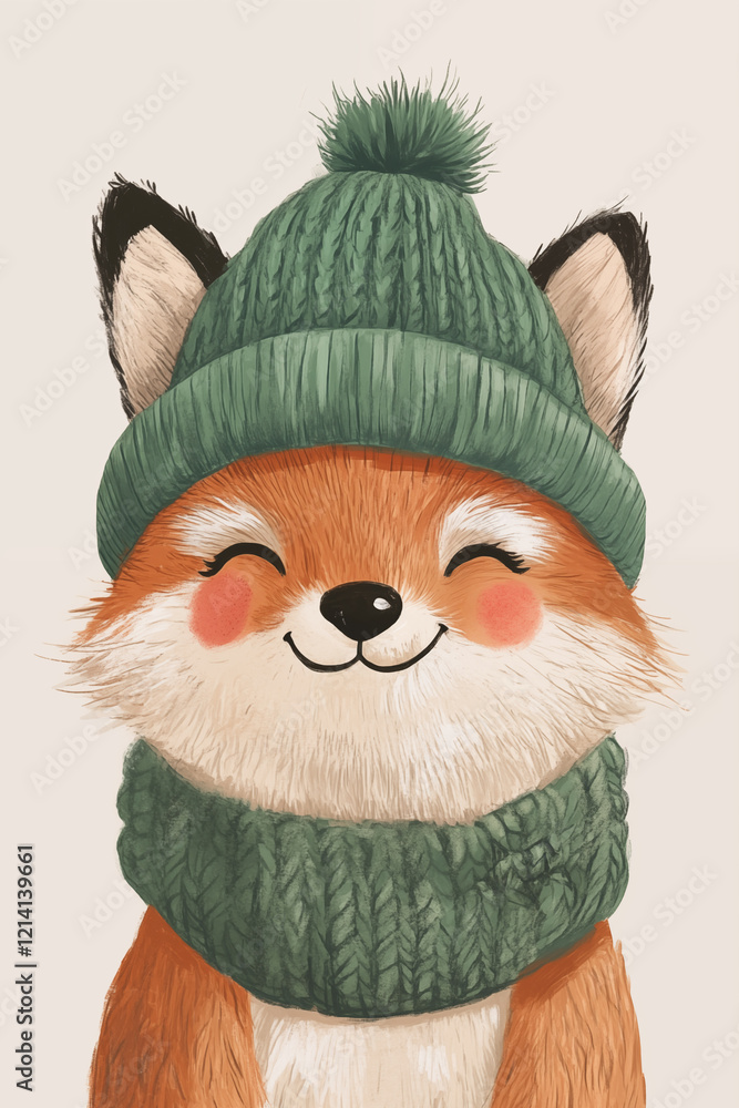 Obraz premium Portrait of a cute fox wearing knitted hat and scarf. Good for nursery decorations, greeting cards. Ai generated
