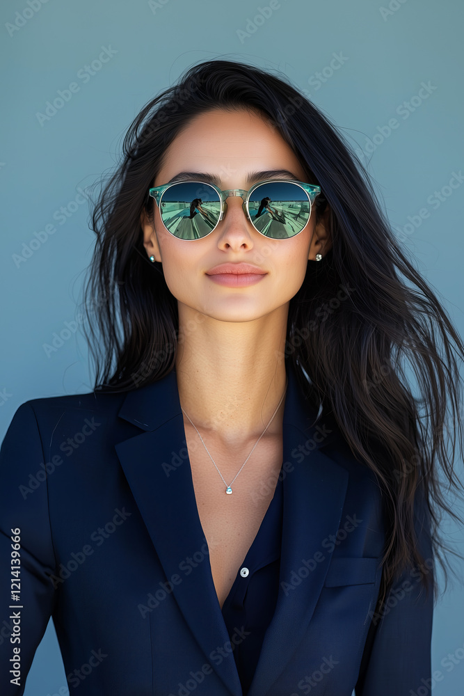 Business woman confidently posing outdoors, showcasing her elegance and style in a trendy suit and sunglasses on a sunny day Business woman confidently posing outdoors, showcasing her elegance and style in a trendy suit and sunglasses on a sunny day