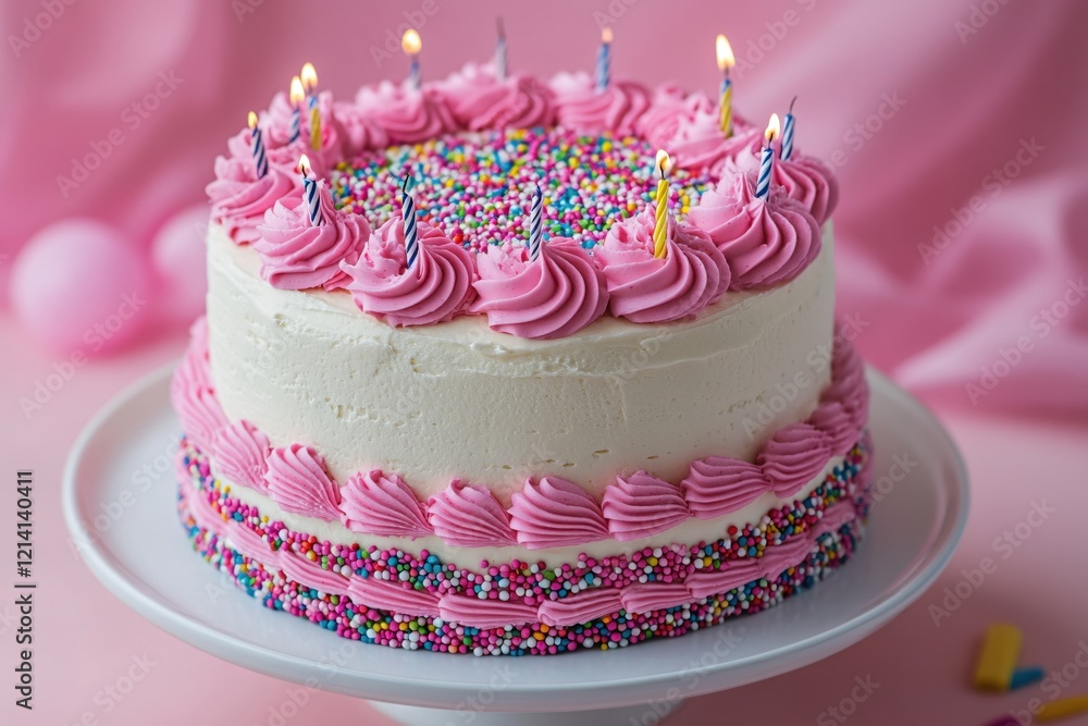 Birthday cake with pink frosting and colorful sprinkles on a white plate against pink background Birthday cake with pink frosting and colorful sprinkles on a white plate against pink background