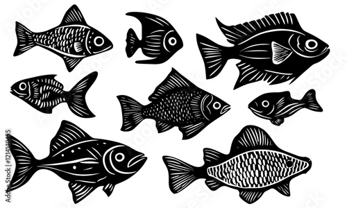 Linocut style fish vector elements, background, pattern, texture, animal, underwater, sea, fishes