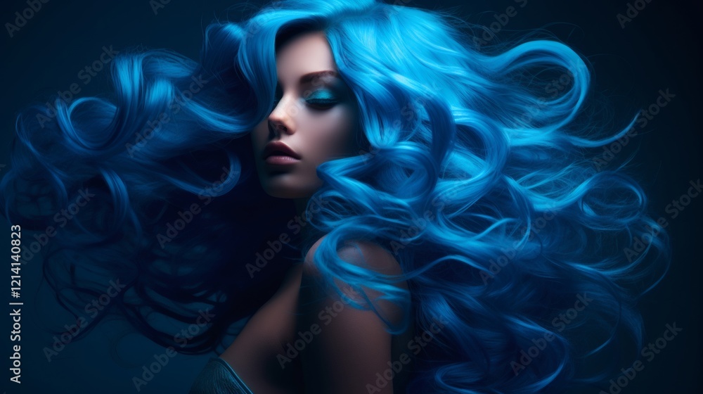Fototapeta premium Woman with vibrant blue hair flowing in motion, showcasing a unique and artistic style set against a dark background