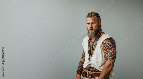 Portrait of a muscular viking man showcasing intricate tattoos and braided hair in a neutral setting, embodying strength and history from a bygone era photo