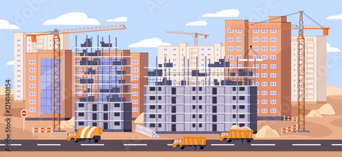 Construction site area with cranes, trucks. Process of building high rise house, multistory real estate, multi storey residential apartments. Incomplete new block of flats. Flat vector illustration
