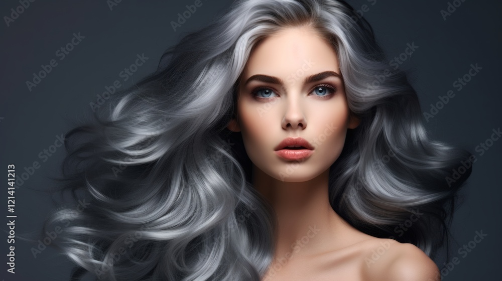 Model with flowing silver hair captured in a studio setting showcasing beauty and elegance with soft lighting and dramatic style Model with flowing silver hair captured in a studio setting showcasing beauty and elegance with soft lighting and dramatic style