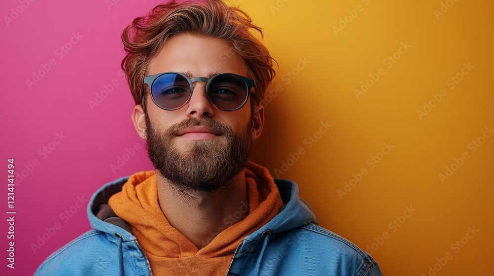 Stylish man with sunglasses posing against a colorful background Stylish man with sunglasses posing against a colorful background