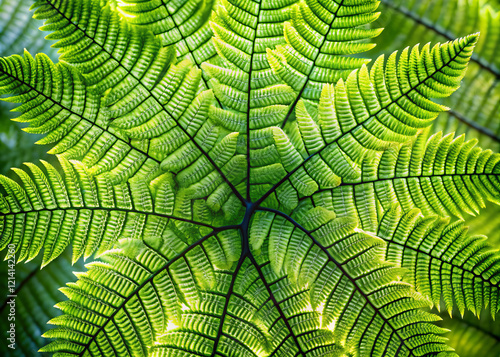 Lush green fern leaves create stunning, symmetrical pattern, showcasing nature intricate design and vibrant colors. delicate textures invite admiration and tranquility photo