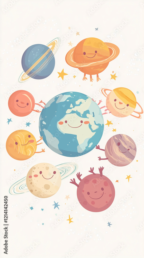 Group of Smiling Cartoon Planets Holding Hands Around the Earth in a Blue Background Group of Smiling Cartoon Planets Holding Hands Around the Earth in a Blue Background