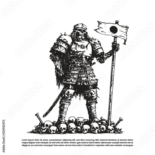 Grunge giant armored skeleton samurai standing on human skeleton skull holding a flag and sword illustration