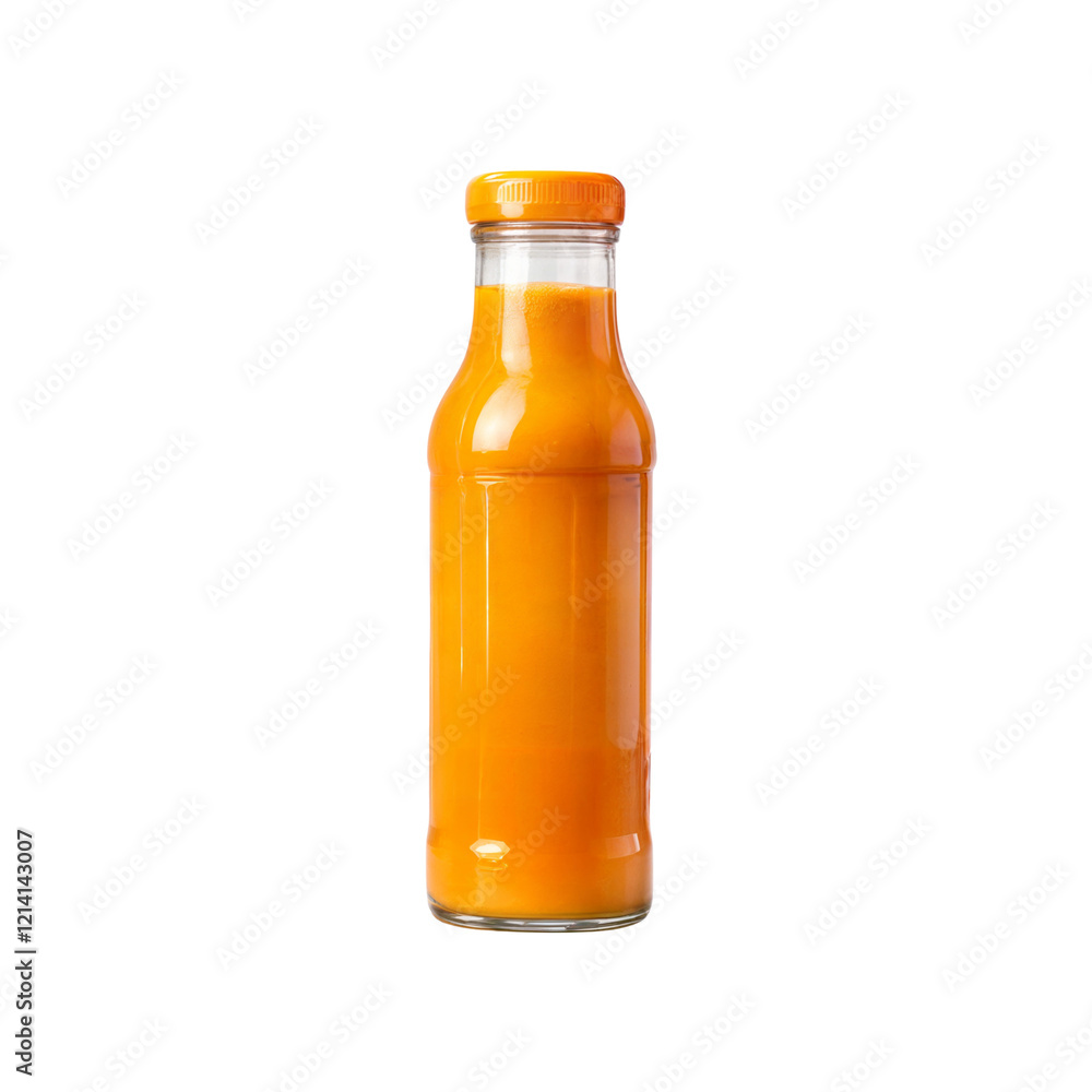 Glass Bottle of Orange Juice: A single, clear glass bottle of orange juice with an orange lid, filled with a refreshing, vibrant orange liquid. This isolated product shot is perfect for packaging. Glass Bottle of Orange Juice: A single, clear glass bottle of orange juice with an orange lid, filled with a refreshing, vibrant orange liquid. This isolated product shot is perfect for packaging.