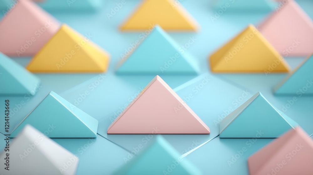 Colorful geometric shapes in a modern design layout with pyramids and triangles in pastel hues on a smooth surface Colorful geometric shapes in a modern design layout with pyramids and triangles in pastel hues on a smooth surface