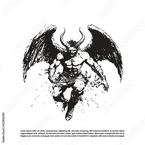 Vector flying devil demon with horns and wings dark art