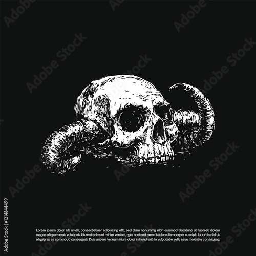 Metal dead art human skull with two horn isolated on black background