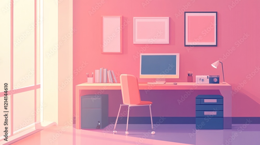 Serene Pink Home Office Workspace with Sunlight Serene Pink Home Office Workspace with Sunlight