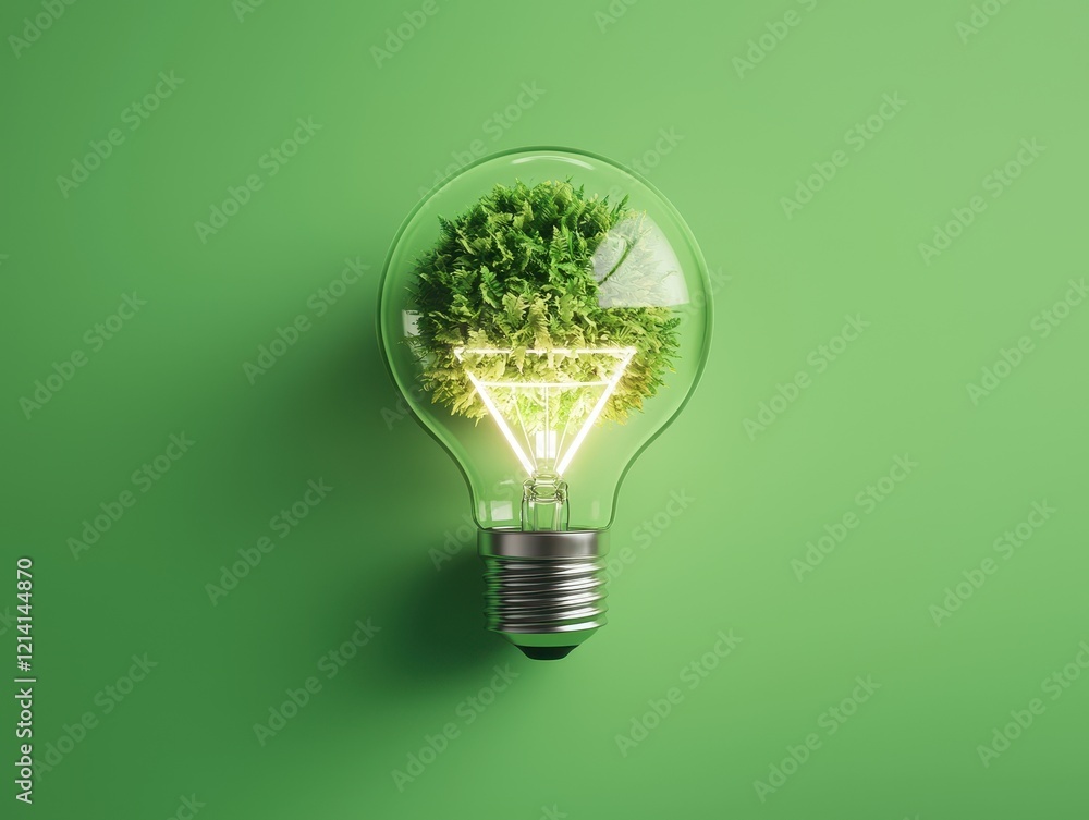 Sustainable eco-Friendly innovation model house with light bulb. Light bulb with green foliage inside, symbolizing eco-friendliness and sustainability against a vibrant green background. Sustainable eco-Friendly innovation model house with light bulb. Light bulb with green foliage inside, symbolizing eco-friendliness and sustainability against a vibrant green background.