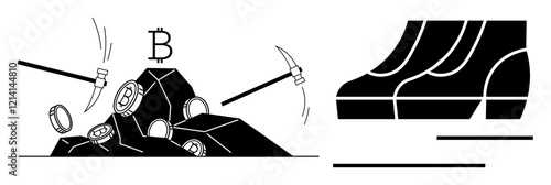 Pickaxes extracting Bitcoin symbols from a rock and large boot symbolizing the expansive growth of the cryptocurrency industry. Ideal for blockchain technology, digital currency, investment, fintech