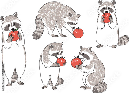 りんごを食べているアライグマの手書きイラストセット