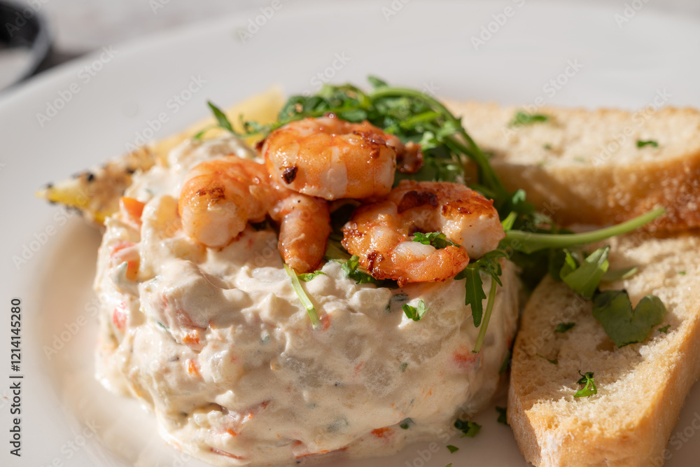 plate of 'ensaladilla rusa' (russian salad) made of potatoes, shrimps, egg, onion and mayonnaise - a typical spanish snack or tapas plate of 'ensaladilla rusa' (russian salad) made of potatoes, shrimps, egg, onion and mayonnaise - a typical spanish snack or tapas