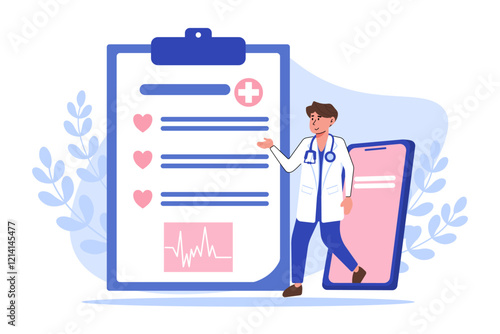 A doctor showing medical test results during an online consultation via a smartphone.