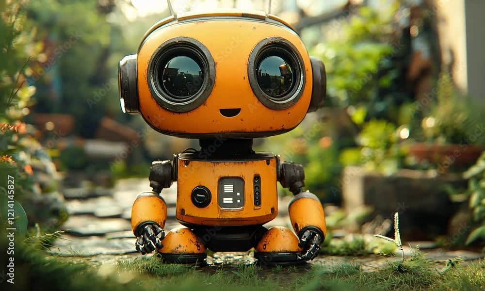 Rusty Orange Robot in a Lush Green Garden Setting Rusty Orange Robot in a Lush Green Garden Setting