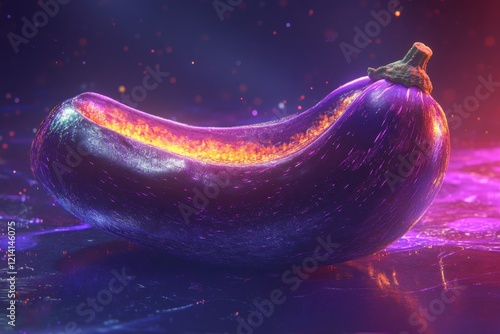 Vibrant eggplant illuminated against a colorful cosmic background showcasing unique textures photo