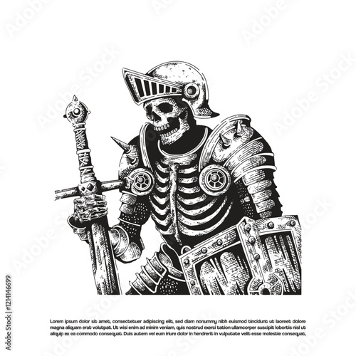 Detailed hand drawn ink art skeleton army with full armor, sword and shield. Death skeleton black art vector