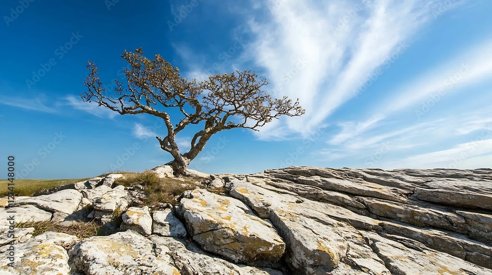 Windswept Tree on Rugged Cliffside under Blue Sky with Wispy Clouds : Generative AI Windswept Tree on Rugged Cliffside under Blue Sky with Wispy Clouds : Generative AI