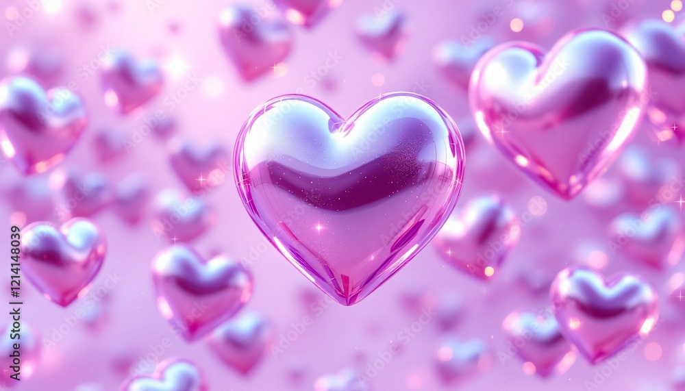 Fototapeta premium Pink glass hearts floating in air on blurred purple background. Romantic love symbols with glossy reflections. Valentine day decoration for greeting cards and social media with copy space
