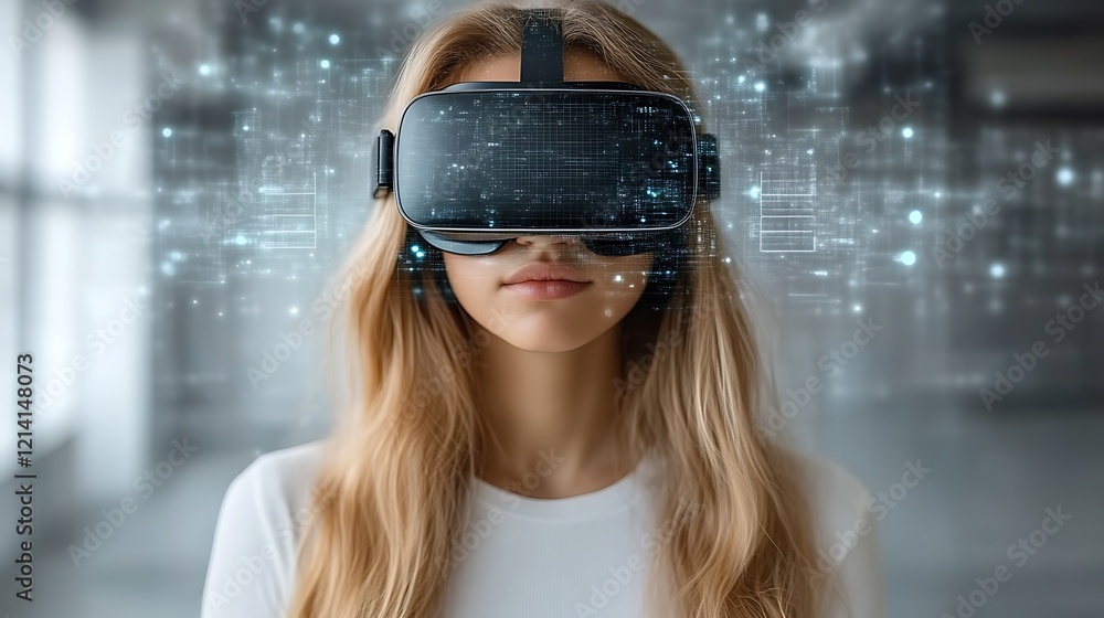 Naklejka premium Woman using VR headset, immersed in digital world.