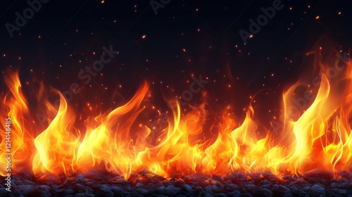 Vibrant Flames Dancing Over Charred Rocks in Dark Atmosphere