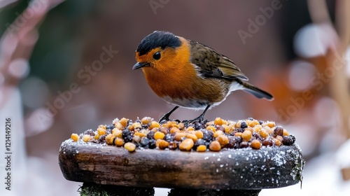 Robin eating seeds on snowy bird feeder. Winter garden background. Wildlife photo for nature blogs photo