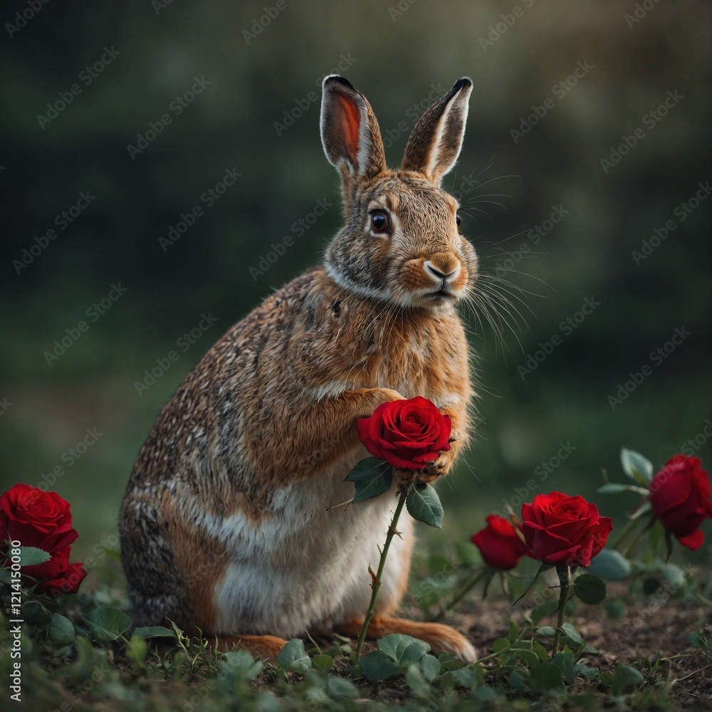 Fototapeta premium A cute hare sitting on its hind legs, holding a bright red rose in its mouth.
