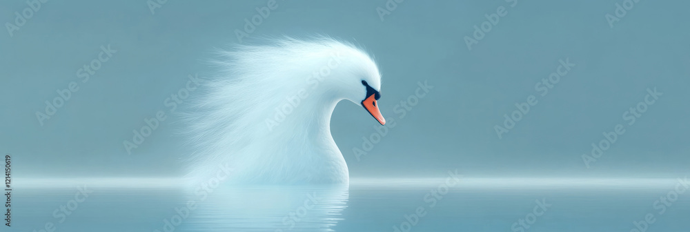Fototapeta premium A mesmerizing portrayal of a human head with the graceful neck and plumage of a swan, set against a tranquil lake and misty background,