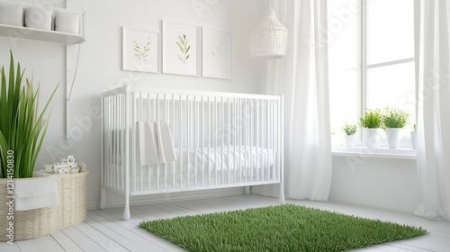 Minimalist Baby Room Design with White Crib Natural Greenery and Bright Sunlit Window for Fresh Ambiance : Generative AI