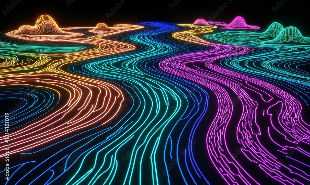 Neon lines create wavy terrain with dark background. Neon lines create wavy terrain with dark background.