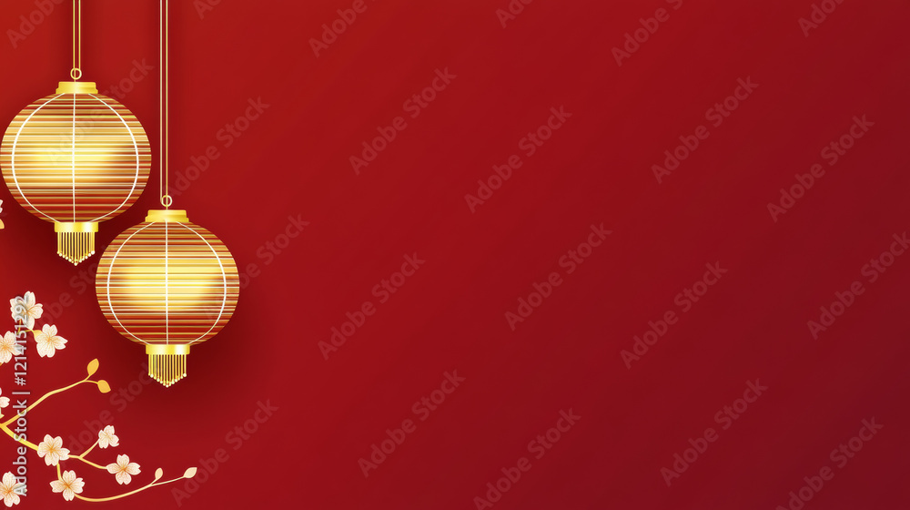 Red background with lanterns and cherry blossoms Red background with lanterns and cherry blossoms