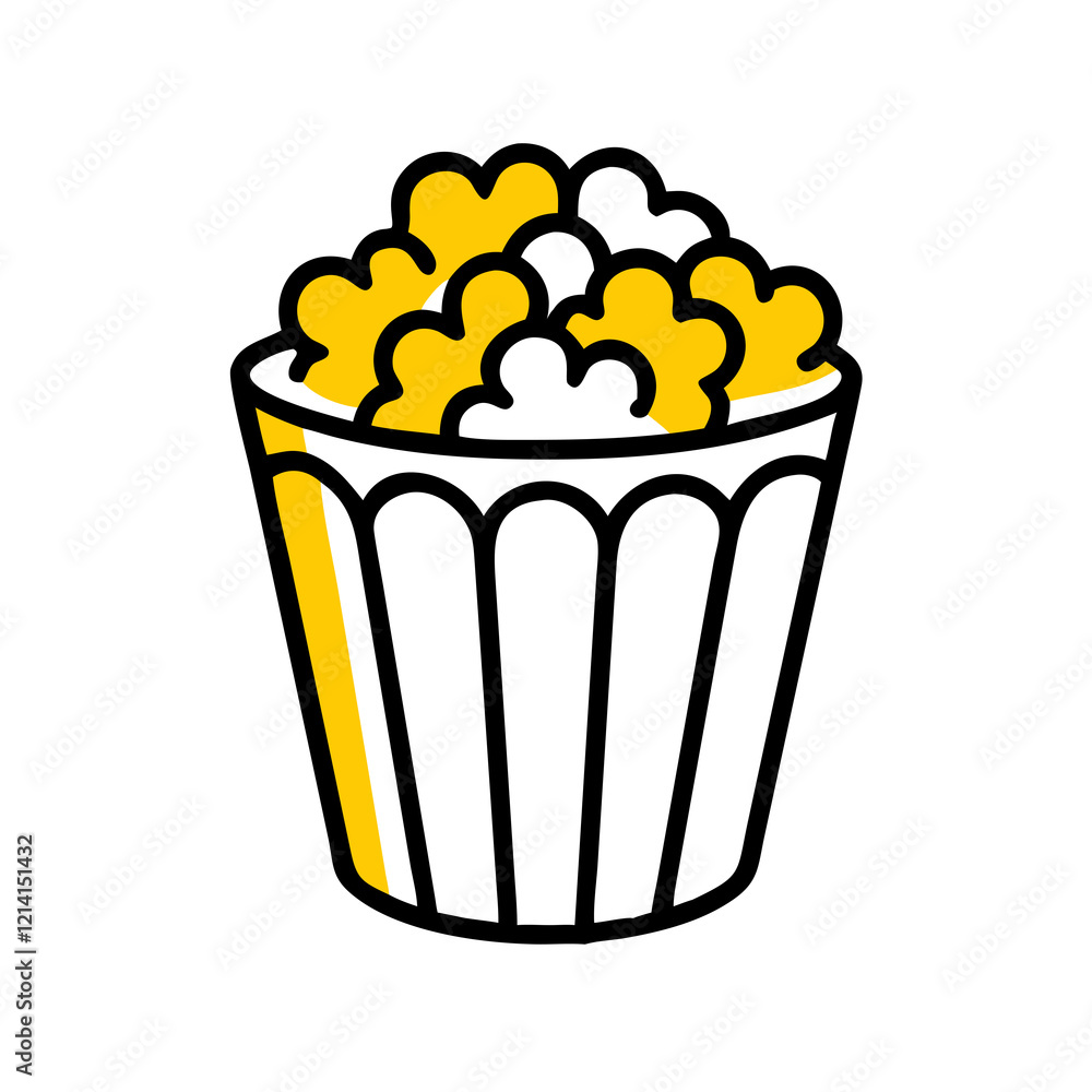 A simple graphic shows a striped container filled with fluffy popcorn kernels A simple graphic shows a striped container filled with fluffy popcorn kernels