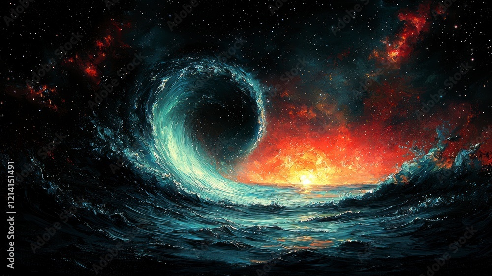 Cosmic ocean wave swirling into a nebula sunset. Cosmic ocean wave swirling into a nebula sunset.