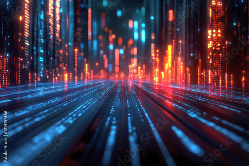 Futuristic digital landscape with vibrant neon lights and pathways.