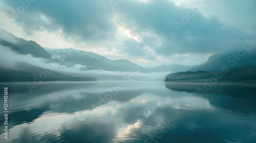 Image of elegance landscape, serene beauty of nature mountains enveloped in mist, harmony and tranquility