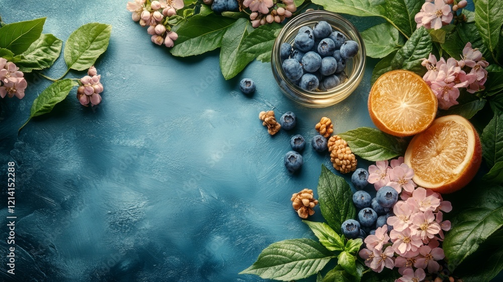 Fresh citrus and blueberries with green leaves Fresh citrus and blueberries with green leaves