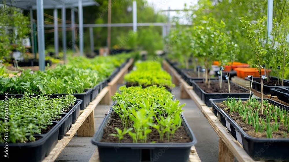 Organic Vegetable Seedlings Growing in Upcycled Containers Under Natural Light in Urban Garden : Generative AI Organic Vegetable Seedlings Growing in Upcycled Containers Under Natural Light in Urban Garden : Generative AI