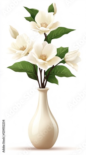 Elegant white magnolia blossoms in a cream vase against a clean white background illustration