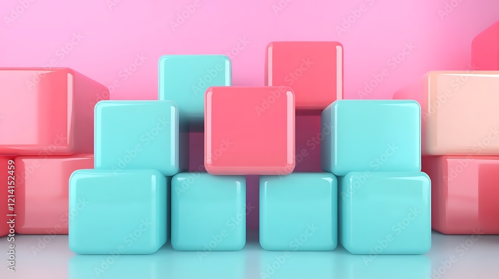 Colorful pastel blocks arranged playfully on a smooth surface against a vibrant pink background Colorful pastel blocks arranged playfully on a smooth surface against a vibrant pink background