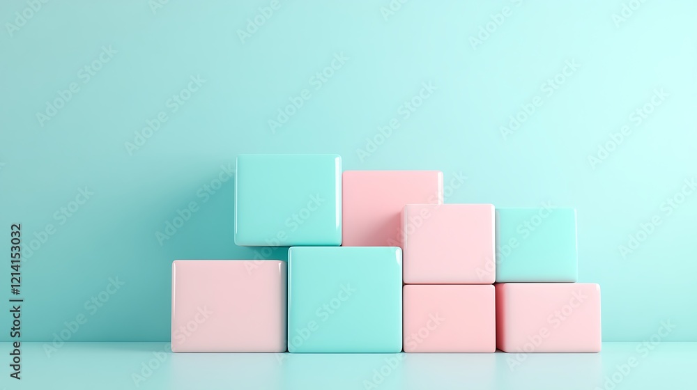 Obraz premium Colorful pastel building blocks arranged in a playful composition against a soft aqua background