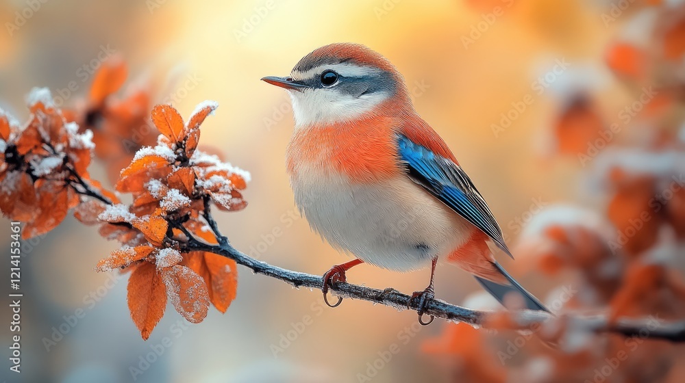 Colorful bird perched on snowy branch, autumn background, nature poster Colorful bird perched on snowy branch, autumn background, nature poster