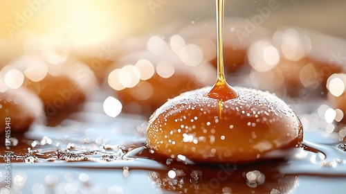 Brown sugar creates a beautiful golden color in desserts. Delicious honey drizzling over a golden pastry on a shiny surface. photo