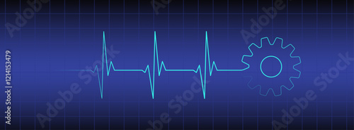 Blue medical monitor editable heart rhythm illustration with gear, heartbeat line vector design to use for healthcare, business, healthy lifestyle, medicine and ekg concept illustration projects. 